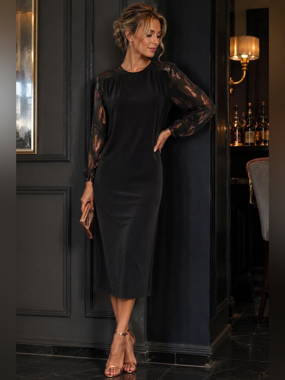 Vintage 80’s Black Midi Dress with Sheer Metallic-Detail Sleeves